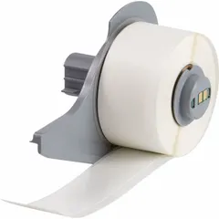Vinyl continuous label roll with black-on-white printing, 1 inch width. Compatible with BMP71 printer series; requires M7-R6200 ribbon. Used for durable identification of cables, wires, and small cylindrical surfaces in industrial environments.