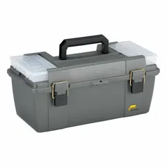 This plastic tool box from PLANO MOLDING measures 20 inches wide, 11 inches deep, and 9 inches high. It is constructed of plastic with a gray finish. Suitable for storing and organizing tools and equipment in workshops, garages, and job sites.