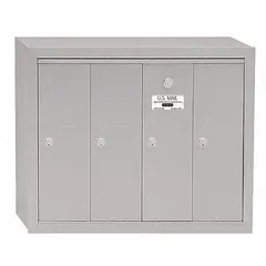 This vertical multi-unit mailbox provides secure mail distribution for four separate recipients. With a surface-mount design, it attaches directly to a wall or post. The lockable doors ensure mail privacy, suitable for apartment buildings, offices, or commercial facilities.