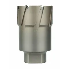 Carbide-tipped annular cutter with alternate-tooth design for efficient hole cutting in metal. Bright finish, 2 5/16 in cutter diameter, 2 in max cutting depth. Includes pilot pin for alignment. Used with magnetic drill presses for structural steel, plate, and pipe.