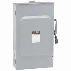 This SQUARE D fusible safety switch is rated for 200 A, three-phase, 240V AC applications. The galvanized steel enclosure allows indoor or outdoor installation. It provides a means to safely disconnect power for maintenance or emergency shutdown in industrial and commercial electrical systems.