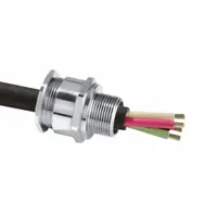 Straight metallic cable grip with brass body and silver finish, 1/2 in MNPT connection, for cord diameters 0.13 to 0.34 in. Rated Class I, Division 2, Groups B, C, D for hazardous locations. Provides strain relief and sealed termination in industrial environments