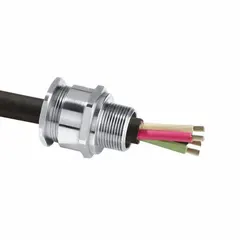 Straight metallic cable grip with brass body and silver finish, 1/2 in MNPT connection, for cord diameters 0.13 to 0.34 in. Rated Class I, Division 2, Groups B, C, D for hazardous locations. Provides strain relief and sealed termination in industrial environments.