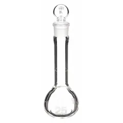 This 25 mL glass volumetric flask features a conical shape and colorless body. It meets Class A tolerance of ±0.08 mL and USP Type I specifications. Compatible with stopper size 13 and supplied with a closure. Used for precise liquid measurement and preparation of standard solutions in analytical chemistry and laboratory settings.