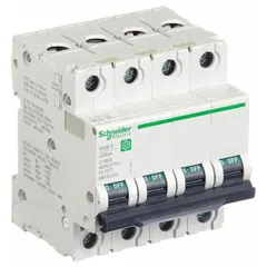 4-pole, C-curve supplementary protector rated 50 A with a maximum interrupting rating of 10kA at 240V AC. Features screw clamp terminals and is designed for DIN rail mounting. Suitable for overcurrent protection in control panels, HVAC equipment, and machinery where moderate inrush loads are present.