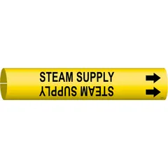 Snap-on pipe marker for identifying steam supply lines. Yellow background with black legend and directional arrows. Fits pipe outer diameters from 3/4 to 1-3/8 inches. Suitable for industrial piping systems requiring clear content and flow direction marking.