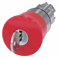 This metallic mushroom-head push-button operator from the Siemens 3SU series features a maintained action and a 22 mm mounting size. It is used as an emergency stop device in industrial control panels and machinery, where the maintained action keeps the circuit open after actuation.