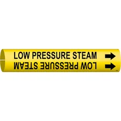 Yellow snap-on pipe marker with black legend 'Low Pressure Steam' and directional arrows. Fits pipe outer diameters from 1-1/2 to 2-3/8 inches. Used to identify low-pressure steam lines in industrial piping systems for safety and compliance.