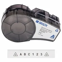 Paper, white matte indoor thermal transfer continuous label roll cartridge. Measures 1/2 in x 25 ft. Compatible with M210-LAB printer series. Used for general identification, asset tracking, and cable marking in indoor industrial environments.