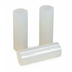 3M 3792 is a clear hot melt adhesive in smooth stick form, 1 inch diameter by 3 inches length, supplied in a 22 lb pack of 242 sticks. It has a melting temperature of 350°F and bonds metal primarily, with compatibility to wood and plastics. Complies with FDA 21 CFR 175.105 for indirect food contact applications.
