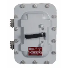 Two-pole enclosed circuit breaker rated 125 A at 600V AC with a maximum interrupting rating of 65kA at 240V AC. Housed in a hazardous-location enclosure for use in areas where flammable gases or dust may be present. Includes a Cutler-Hammer circuit breaker with a 250/JD frame size.