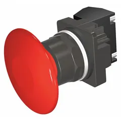 Momentary-action mushroom-head push button with a 30 mm non-metallic profile. Features pressure plate terminal connection. Used in industrial control panels for start or stop commands in factory automation and machine tool applications.