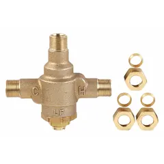 This brass mixing valve blends hot and cold water for use with Sloan OPTIMA series faucets. It is designed for commercial restroom applications where precise water temperature control is required.