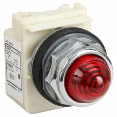 Red incandescent pilot light from the 9001K Series, designed for 30 mm panel mounting. Provides visual indication of status or alarm conditions in industrial control panels and automation systems. No push-to-test feature included.
