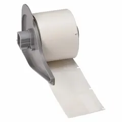 Precut label roll for industrial identification and cable marking. Each label measures 1 1/2 in x 1 1/2 in, made of self-extinguishing vinyl with a white matte finish. Compatible with BMP71 printer series; requires M7-R4300 ribbon.