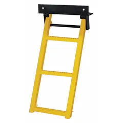 Steel retractable truck step with yellow finish and non-slip tread. Step width 14 1/4 in, step depth 2 1/4 in. Provides a safe stepping surface for accessing truck cabs or trailers in fleet maintenance and industrial settings.