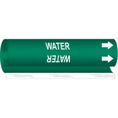 Green wrap-around pipe marker with white legend reading "Water" and directional arrows. Fits pipe outer diameters from 1/2 to 1-3/8 inches. Used for identifying water lines in piping systems.