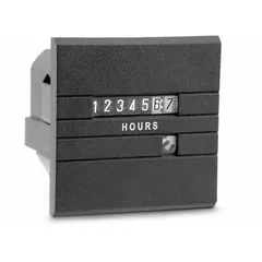 Analog hour meter with square bezel for front panel mounting. Operates on 90 V AC to 115 V AC and measures 2 1/4 in x 2 in. Used to track runtime of industrial equipment such as generators, pumps, compressors, and machinery for maintenance scheduling.