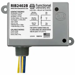 General purpose power relay with 20 A SPDT contacts for switching lighting, motor, and HVAC loads. Enclosed pre-wired unit with 0.50 in NPT nipple for direct conduit mounting in industrial and commercial control panels.