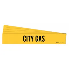 Yellow pipe marker with black legend text reading 'City Gas'. Designed for pipe outer diameters of 8 inches and larger. Supplied without arrows. Each pack contains 5 markers. Used to identify city gas lines in piping systems.
