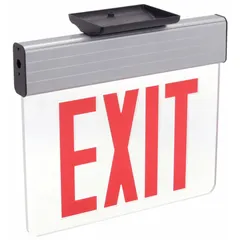 Universal-mount edge-lit exit sign with one red face and red text. Constructed with a silver aluminum housing and LED lighting. Features universal field selectable chevrons for directional flexibility. Suitable for marking emergency exits in commercial and industrial buildings.