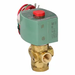 This REDHAT solenoid valve is a 3-way/2-position configurable type with a direct-mount brass body and 1/4 in pipe size. It operates on 24V DC and features a watertight coil enclosure. Suitable for controlling flow of liquids or gases in industrial automation, HVAC, and process control systems.