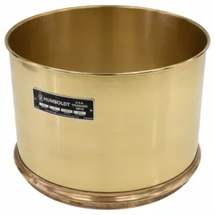 This test sieve features a stainless steel screen with US Standard Screen Size #200, mounted in a brass frame. It has a 12-inch outside diameter and 8-inch height, conforming to ASTM E11 standards. Used for particle size analysis in laboratory settings, it separates fine particles for gradation testing.