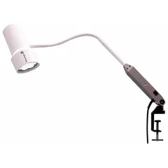 This clamp-mount tabletop medical light delivers 50,000 lux at 0.5 m with a color temperature of 4400K and a CRI of 93. It operates on 120 to 240V AC via a power cord and plug, consuming 13 W. Designed for clinical examination settings requiring high-intensity, shadow-free illumination.