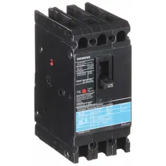 Molded case circuit breaker from the ED4 series, rated 125 A with a maximum interrupting rating of 18 kA at 480 V AC. Features a fixed instantaneous trip, ABC phase connection, and load side lug terminals. Suitable for overcurrent protection in branch circuits, feeder protection, and equipment disconnection in electrical distribution systems.
