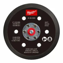 Round backing pad for power sanders with hook-and-loop surface for attaching sanding discs. Soft profile and six vacuum holes facilitate dust collection during sanding. Designed for use with MILWAUKEE 2584-20 sander.