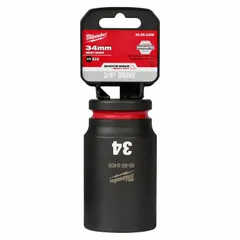 This 3/4" drive deep impact socket is designed for heavy-duty fastening applications. It features a 34 mm metric size, 6-point configuration, and a friction retention mechanism. The black phosphate coating provides corrosion resistance. Suitable for use with impact tools in industrial maintenance, construction, and automotive repair.
