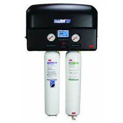 Reverse osmosis system designed to reduce Total Dissolved Solids in water. Suitable for industrial and commercial water treatment applications requiring high-purity water. Operates at up to 125 psi and 100°F, with an overall height of 34 inches.