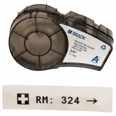 Thermal transfer continuous label roll cartridge for M210 printer series. Contains 21 ft of autoclavable polyester label material, printed black on clear. Supports vial/tube sizes from 2.0 to 50.0 mL. Used for labeling laboratory containers and healthcare items.