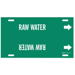 Strap-on pipe marker for raw water lines. Green background with white legend text. Fits pipe outer diameters of 10 to 15 inches. Includes arrows to indicate flow direction. Suitable for industrial piping identification.