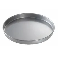Round cake pan with 10-inch diameter, made of aluminized steel with a glazed coating. Features a solid, non-perforated surface and closed bead closure. Suitable for baking round cakes in commercial or home kitchen settings