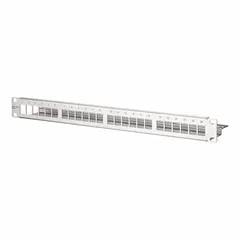 This module frame is a rack-mount unit with a stainless steel housing, designed to accommodate OpDAT Module LC-Duplex OM2 connections. It features 24 unequipped ports, allowing for custom patching configurations in structured cabling systems for voice and data infrastructure.