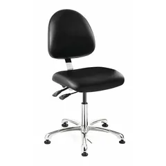 This armless ESD-safe chair features a vinyl seat and back with an aluminum base. Seat width is 20 inches, seat depth is 18 inches, and height adjusts from 15 1/2 to 21 inches. Back tilt ranges 11° forward to 15° backward; seat tilt is 6° forward and 6° backward. Suitable for use in static-sensitive environments such as electronics assembly and laboratory workstations.