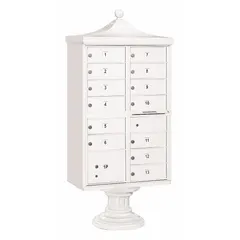 This horizontal multi-unit mailbox features 14 lockable front-access doors and is designed for pedestal mounting. It provides secure, centralized mail delivery for multiple tenants in residential or commercial settings. Dimensions: 71 3/4 in H x 31 in W x 18 1/2 in D.