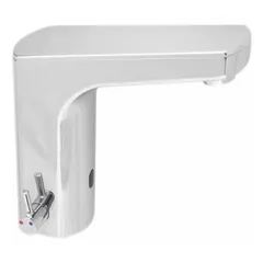 Brass construction with polished chrome finish. Single-post design with plug-in power. Includes mounting hardware. Suitable for touch-free operation in commercial restrooms.