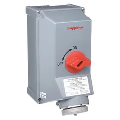 This fused watertight interlock is rated for three-phase 60 A service at 208/240/480/600V AC. It features 4 poles and 3 wires, accepts Class J fuses, and supports reverse service. Suitable for industrial disconnection applications requiring a watertight enclosure.