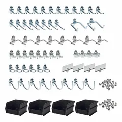 This zinc-plated steel hook and bin assortment kit is designed for round-hole pegboards with 1 in hole spacing. Includes 12 single rod 30-degree bends, 2 double rod 80-degree bends, 4 bin clips, 4 standard spring clips, 8 extended spring clips, and 8 pliers/wrench holders. The screw-in locking system secures items for surface mounting. Suitable for organizing tools and small parts in workshops and retail displays.