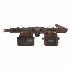 This padded tool rig from DEWALT is designed for carpentry applications. It features an adjustable waist size from 33 to 53 inches and 18 pockets for organized tool and accessory storage. The brown belt includes padding for comfort during extended use.