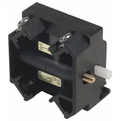 This contact block from the 9001K/9001SK series provides two normally open (2NO) contacts with momentary/power reed switch action. It features screw clamp terminals for secure wiring and is compatible with the 9001SK series. Typical applications include industrial control panels and automation systems requiring momentary or power reed switching.