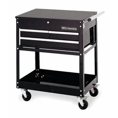 This light-duty utility cart provides organized tool transport and storage for workshops, warehouses, and maintenance facilities. It features a hinged top and a keyed locking drawer for secure storage of hand tools and small parts. Dimensions: 30 in wide, 20 in deep, 37 in high.