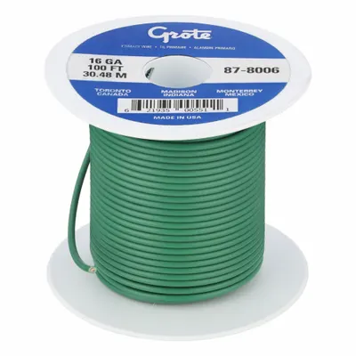 GROTE Primary Automotive Wire: GPT, 100 ft, 1 Conductor, 16 AWG, Green, 60 V Volt - PVC-Insulated General Purpose Primary Wires