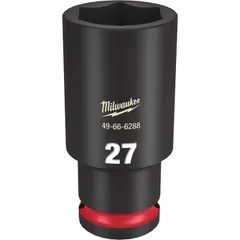 This 1/2" drive impact socket is a metric 27 mm, 6-point deep design with friction retention. The black phosphate finish provides corrosion resistance. Suitable for fastening and loosening nuts and bolts with impact tools in automotive, construction, and industrial maintenance applications.