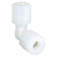 This PARGRIP compression fitting elbow connects two 3/4 in OD PFA tubes at a 90-degree angle. It features a compression x compression configuration and is made of PFA. The fitting is FDA approved for use in applications requiring food-grade compliance