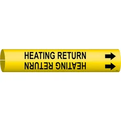 Yellow snap-on pipe marker with black legend reading 'Heating Return' and directional arrows. Fits pipe outer diameters from 3/4 to 1-3/8 inches. Used to identify heating return lines in industrial piping systems, aiding in compliance with pipe-labeling standards.
