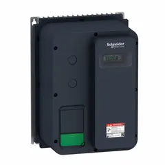 Three-phase input and output variable frequency drive rated for 1 hp. Compact black/green enclosure with no bypass and fully programmable operation. Suitable for speed and torque control of three-phase induction motors in industrial applications such as conveyors, pumps, and fans.
