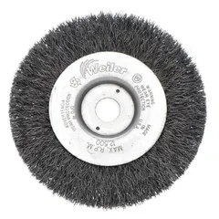 This light-cleaning brush from WEILER features a crimped steel fill of 0.014 in for removing rust, scale, and light burrs from carbon steel surfaces. With a 6 in diameter and 1 1/4 in width, it mounts on a 2 in arbor. Typical applications include maintenance, fabrication, and metalworking tasks where gentle cleaning is required.